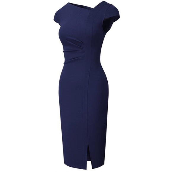 𝅺ELEGANT Front SplitBusiness Formal Vintage Slim Dress B700, Navy Blue - Picture 5 of 8